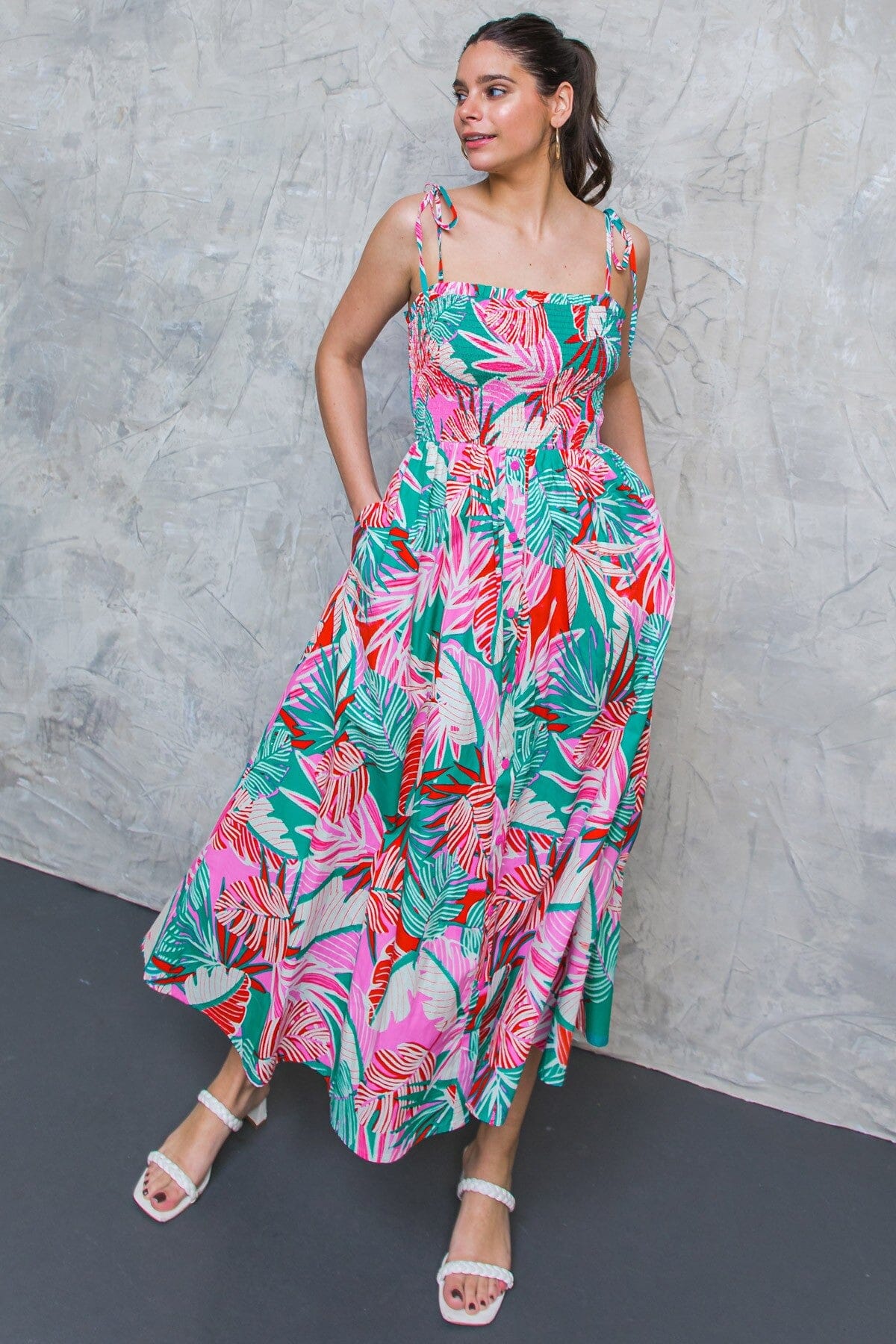 Floral Smock Bodice Tie Strap Maxi Flying tomato 