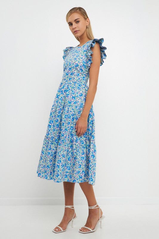 Floral Statement Sleeve Dress with Back Cutout English Factory 