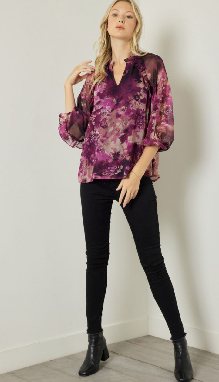 Floral Top w/ Sheer Sleeves entro 