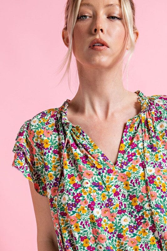 Floral V Neck Blouse eesom Eesome 