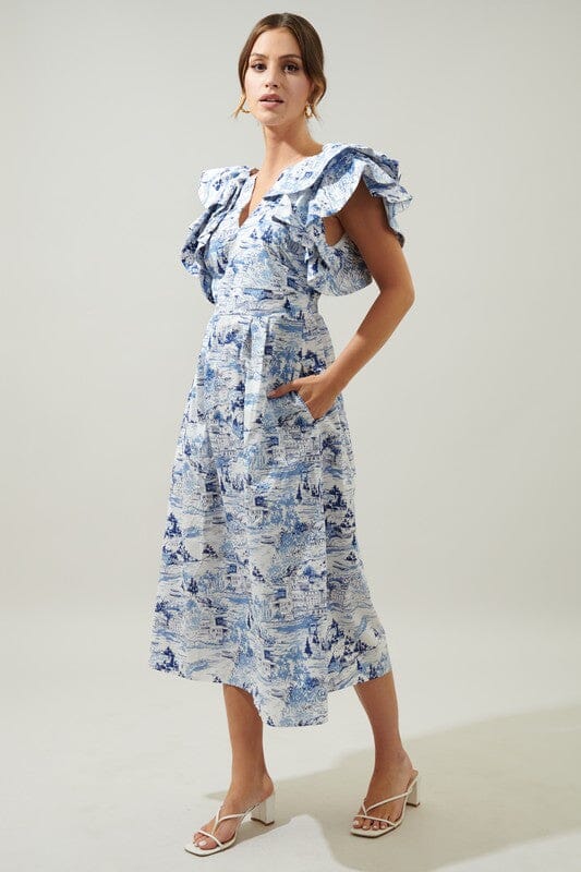 Francine Toile Sky Santana Tie Back Midi Dress Sugarlips 