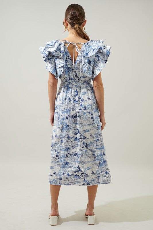 Francine Toile Sky Santana Tie Back Midi Dress Sugarlips 