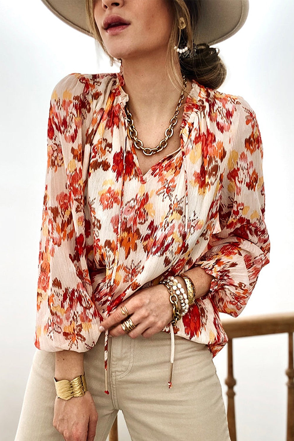 Frilled Split Neckline Abstract Floral Blouse Kentce 