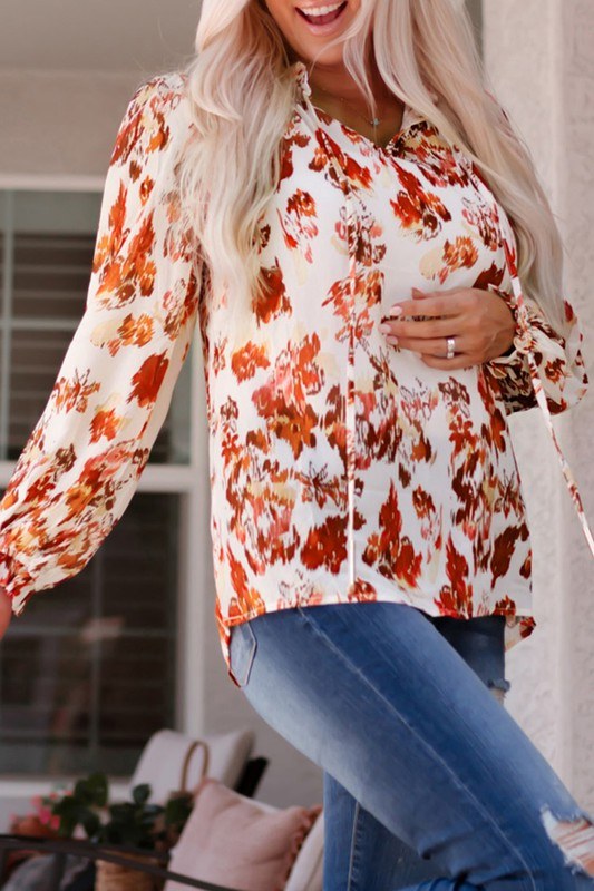 Frilled Split Neckline Abstract Floral Blouse Shiying 