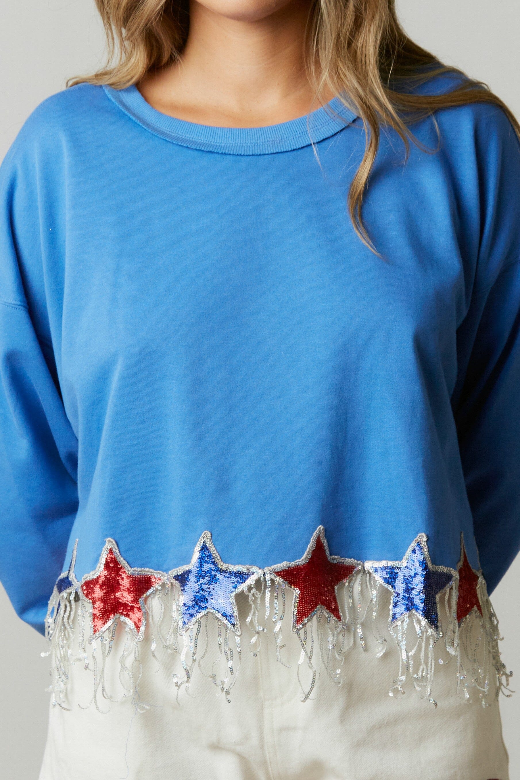 Fringed Sequin Star Sweatshirt peach love california 