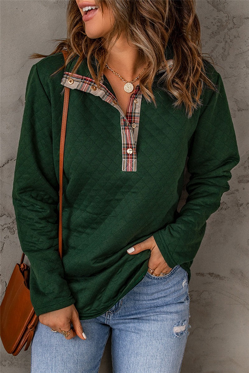 Geometric Texture Plaid Trim Sweatshirt Shewin 