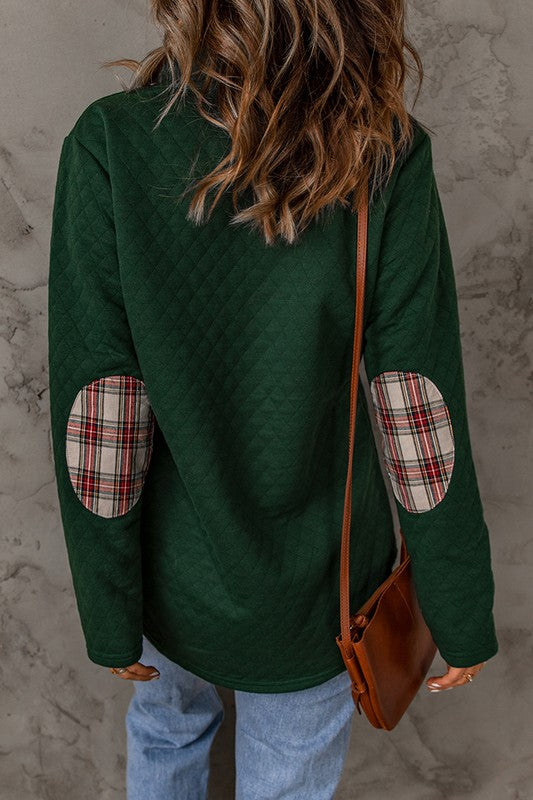 Geometric Texture Plaid Trim Sweatshirt Shewin 