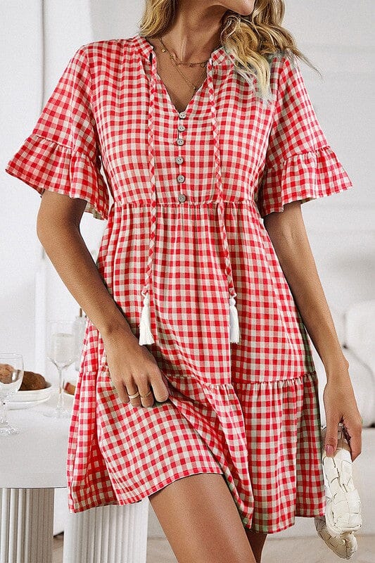 Gingham Tiered Ruffle Sleeve Dress supreme fashion 