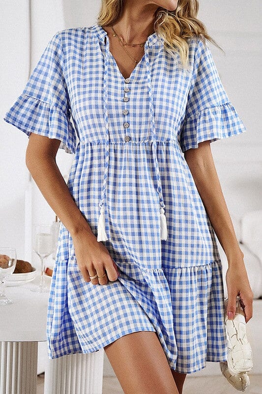 Gingham Tiered Ruffle Sleeve Dress supreme fashion 