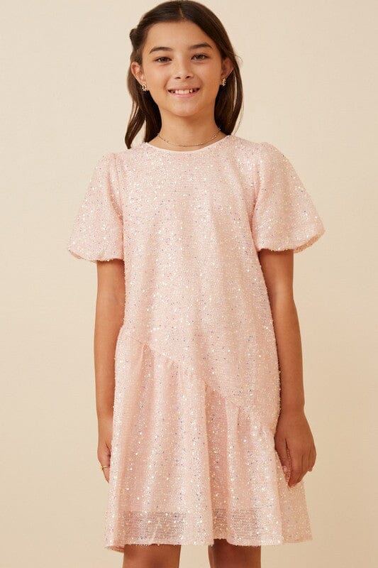 Girls Sequined Asymmetric Hem Puff Sleeve Dress Hayden Los Angeles 