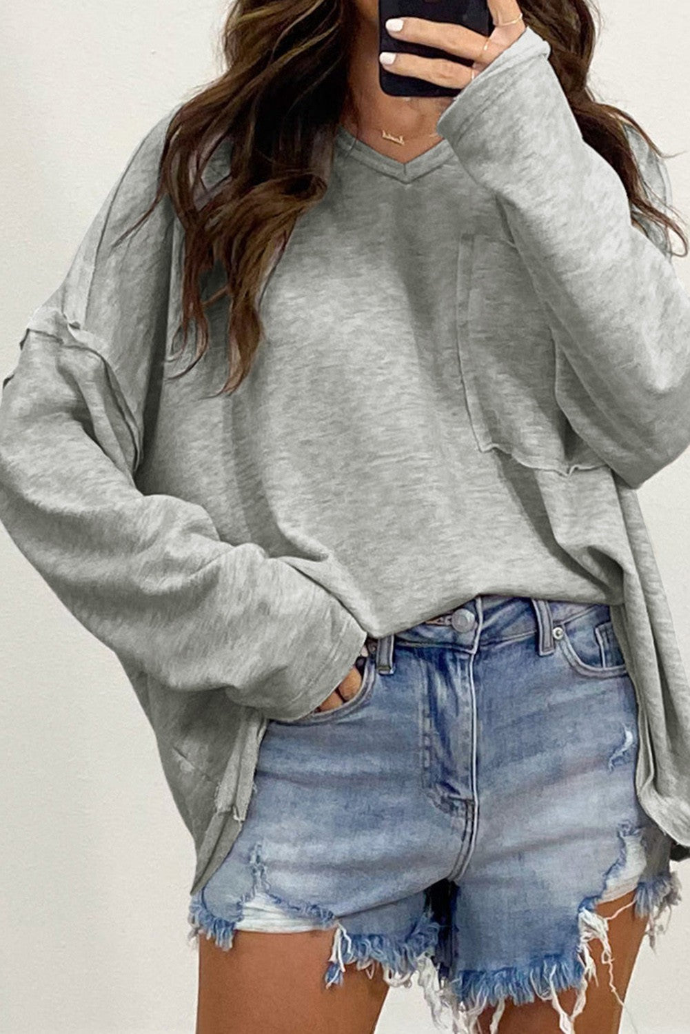 Gray Pocketed Oversized Drop Sleeve Top Shewin 