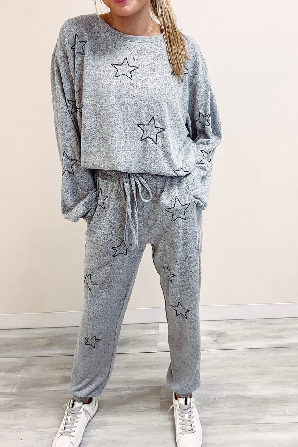 Gray Stars Print Drawstring Lounge Set Youmi 