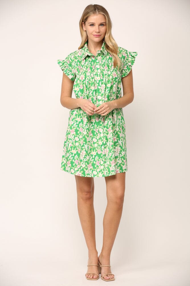 Green Floral Shirt Dress with Smocked Yoke - Ships Late May Fate 