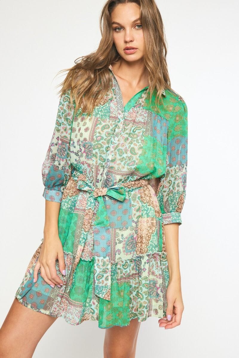 Green Patchwork Puff Sleeve Dress entro 