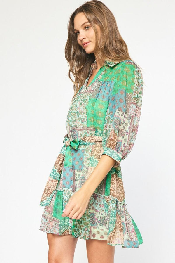 Green Patchwork Puff Sleeve Dress - SNAP-Something New And Pretty