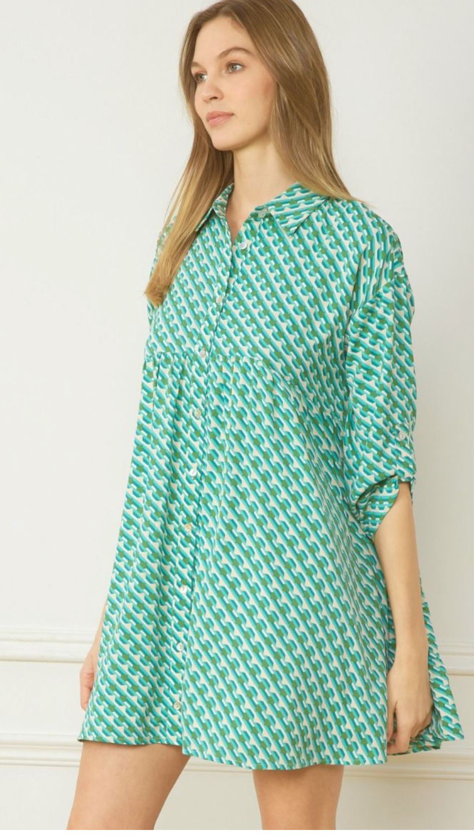 Green Print Collared Button Dress entro 