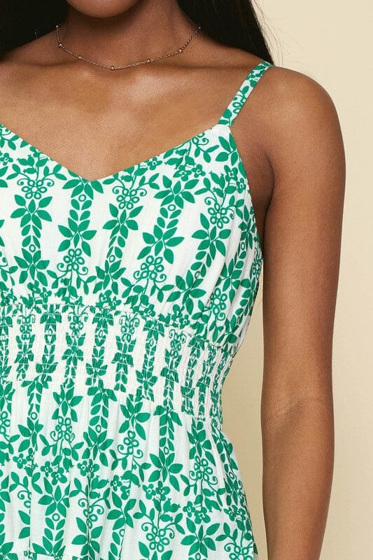 Green Print Smock Waist Dress skies are blue 