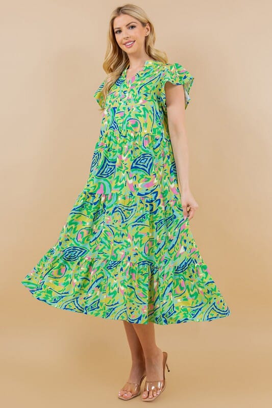 Green Printed Flying Sleeve Midi Sundayup 