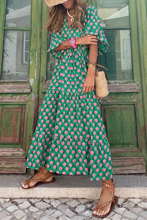 Green Puff Sleeve Printed Maxi cezele 