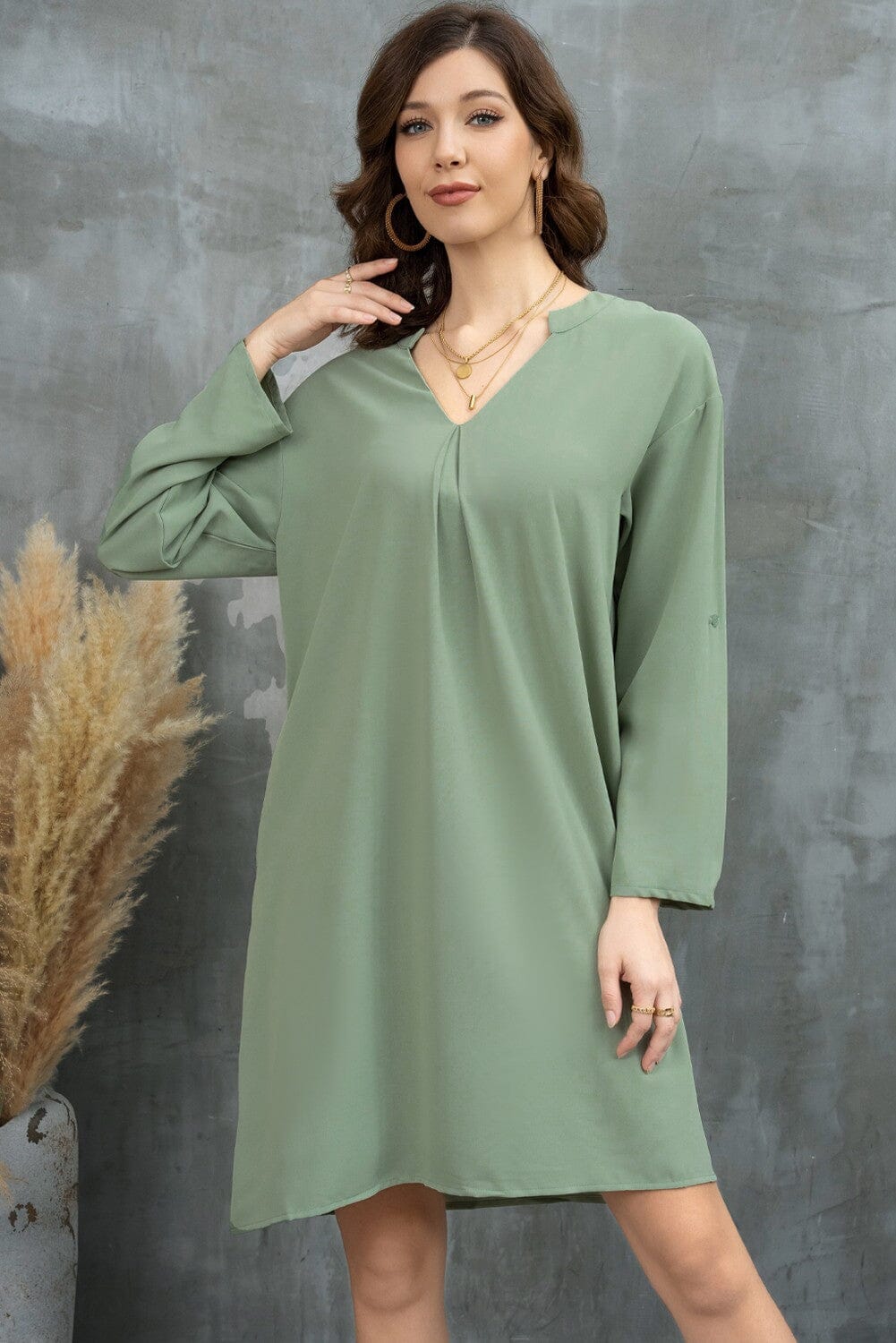 Green Roll-tab Sleeve Flowy Casual Dress Kentce 