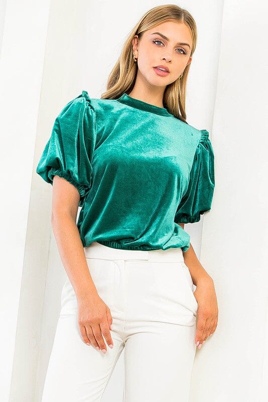 Green Velvet Puff Sleeve Top thml 