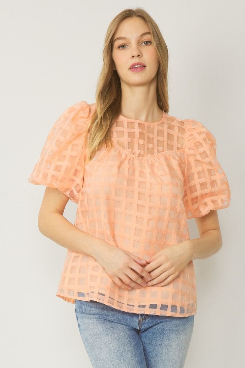 Grid Print Puff Sleeve Top entro 