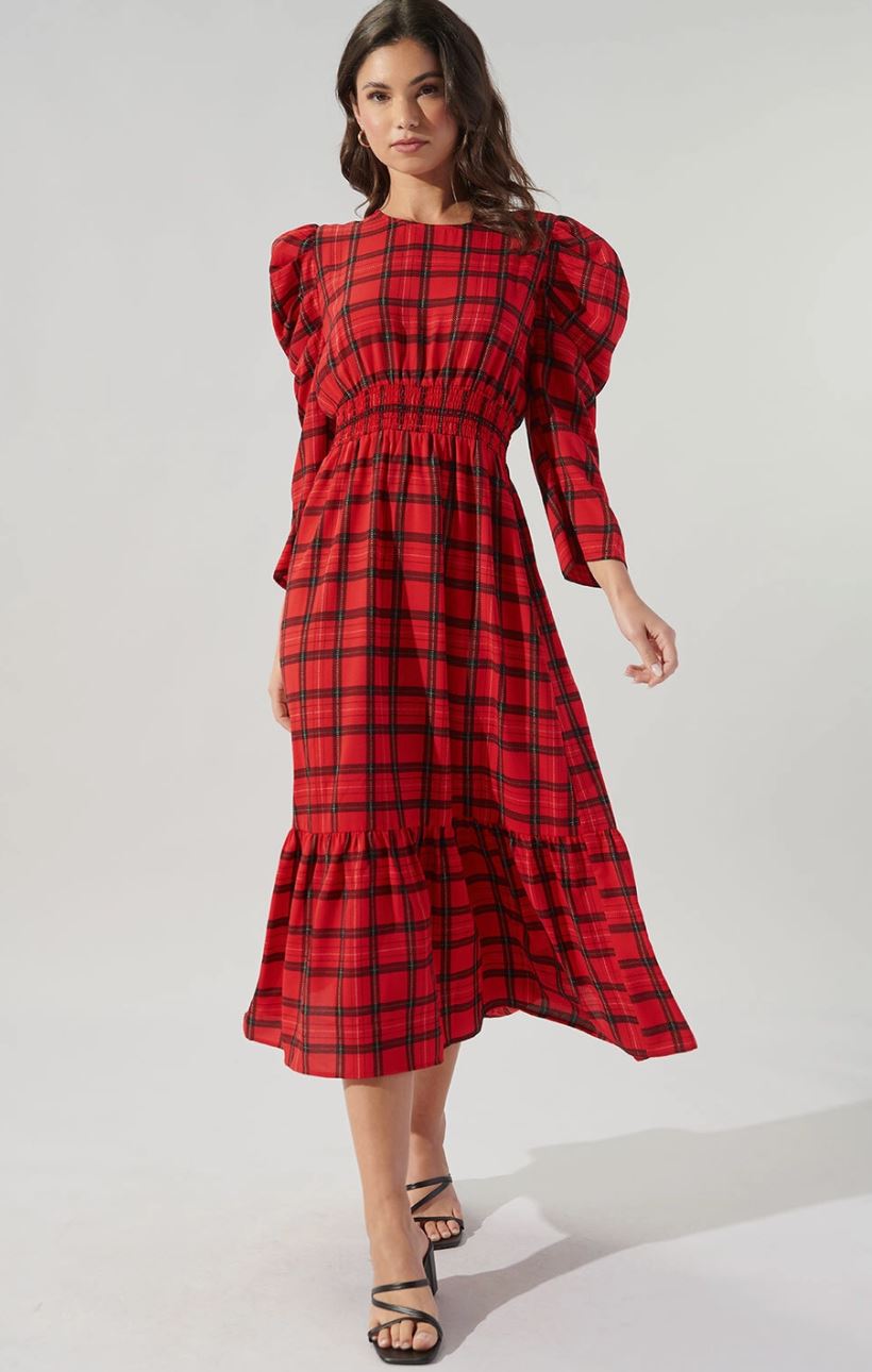 Hampshire Plaid Drape Sleeve Cutout Midi Dress Sugarlips 