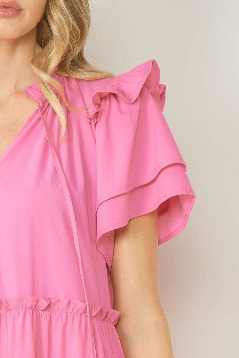 Pink Henley Frill Puff Sleeve Dress Kentce 