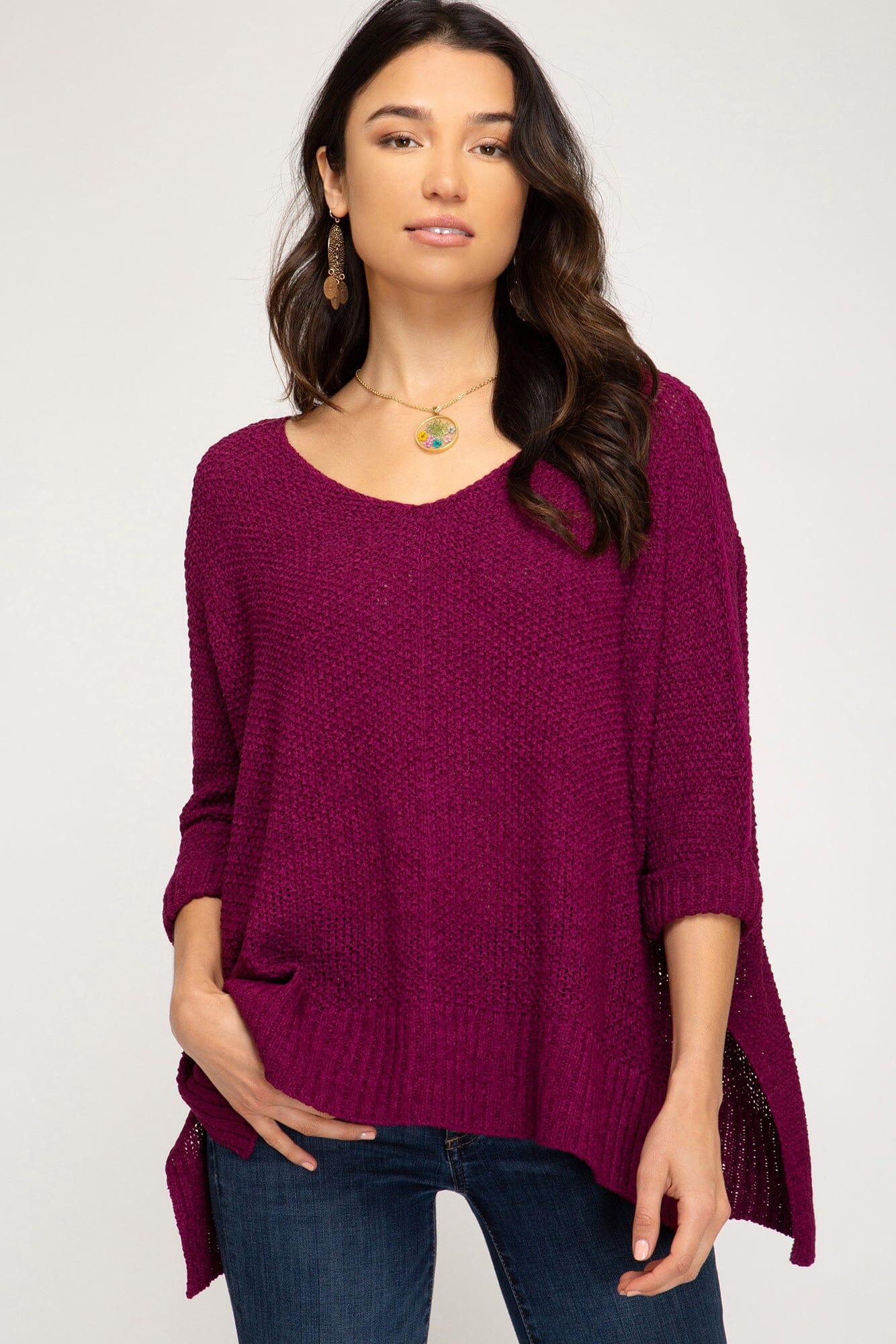 Hi-Low Cuffed Sleeve Sweater she + sky small Eggplant 