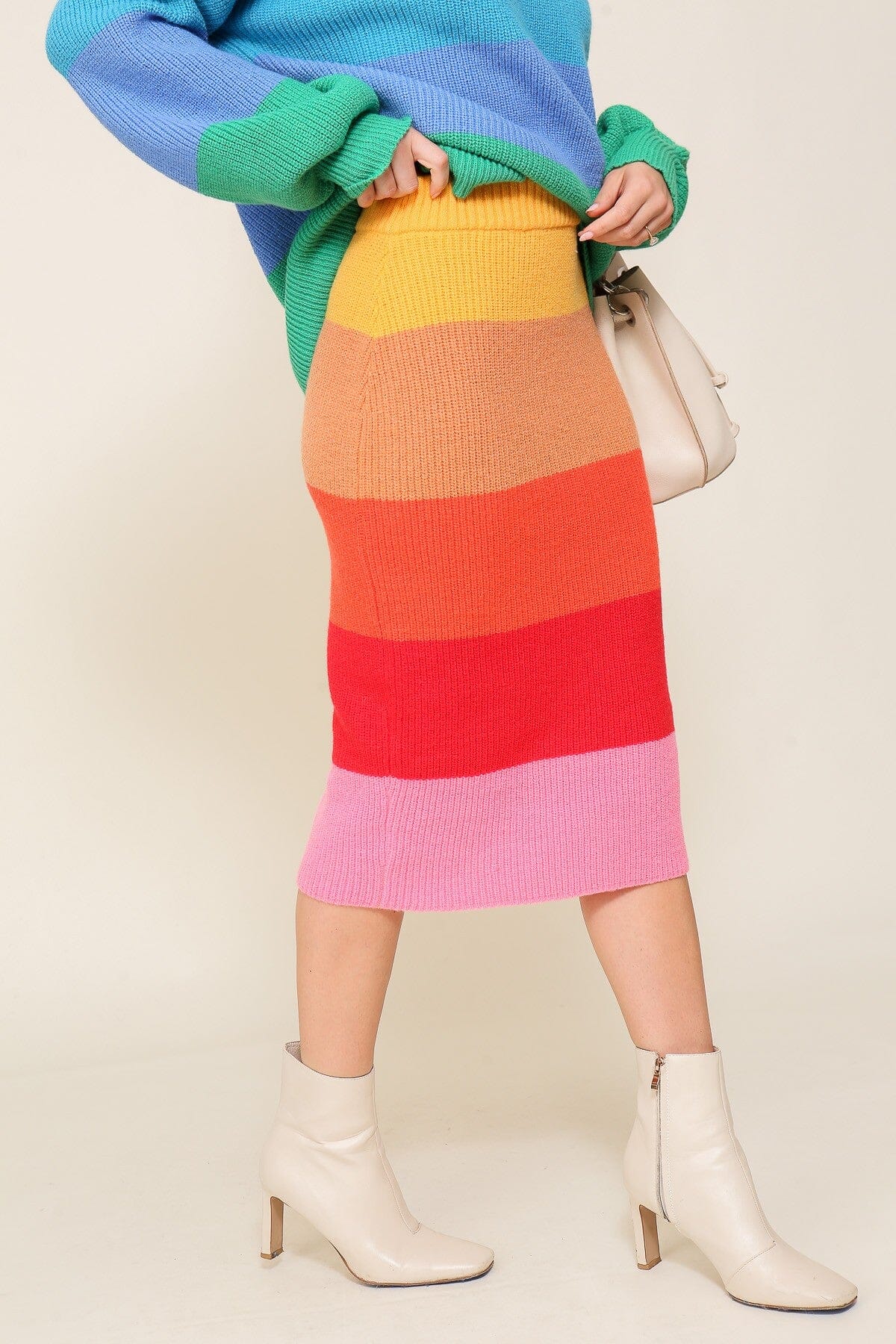 High Waisted Rainbow Midi Knit Skirt timing 