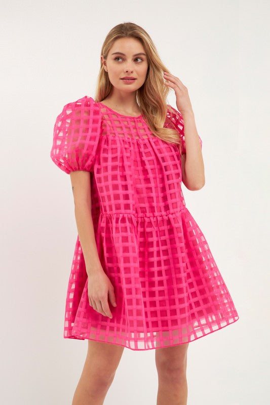 Hot Pink Gridded Puff Sleeve Dress English Factory 