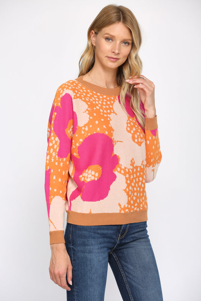 Hot Pink/Gold Floral Round Neck Sweater Fate 