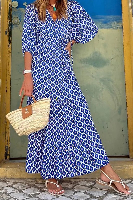 Indigo Print Puff Sleeve Maxi Dress cezele 