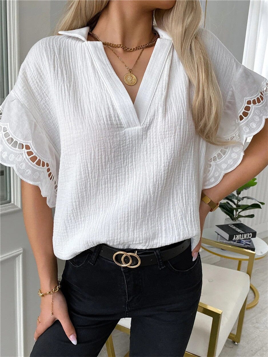 Lace Short Sleeve V-Neck Blouse cezele 