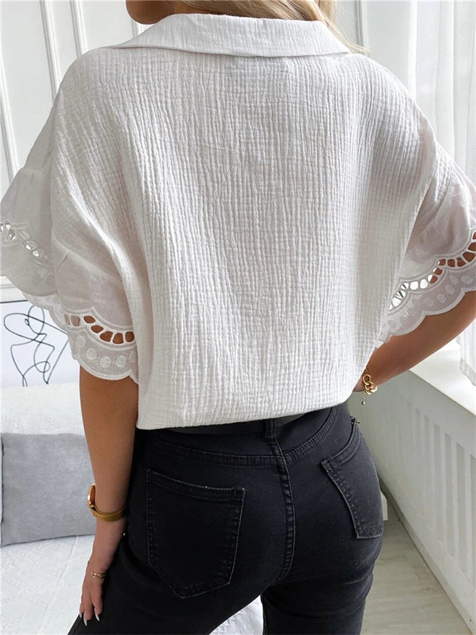 Lace Short Sleeve V-Neck Blouse cezele 