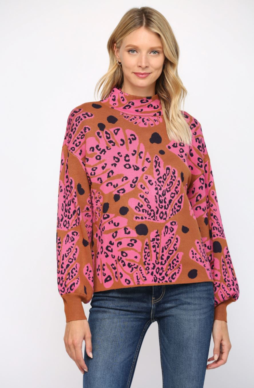 Leaf Print Mock Neck Sweater Fate 