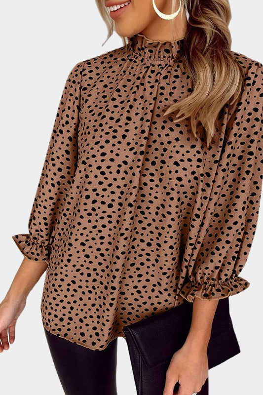 Leopard Frill Neck Top Shiying small Camel 