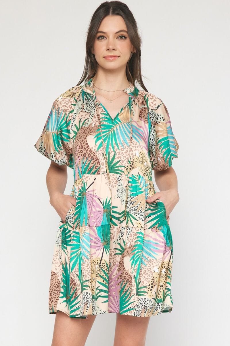 Leopard Palm Puff Sleeve Dress - Ships mid-June entro 