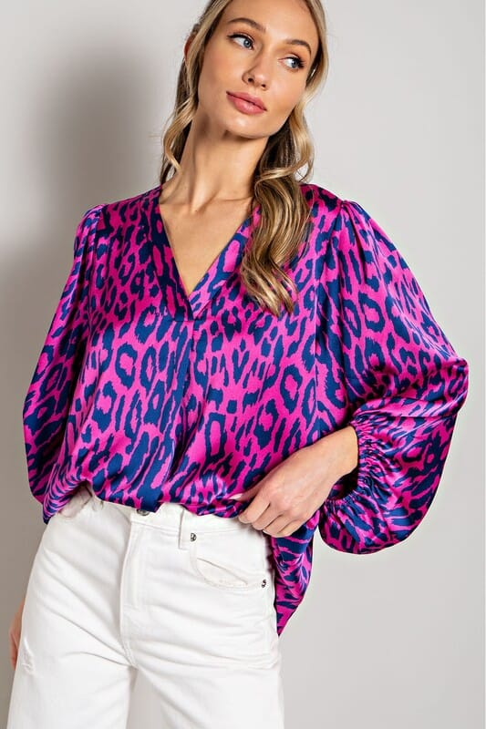 Leopard Patten V Neck Silky Blouse Eesome 