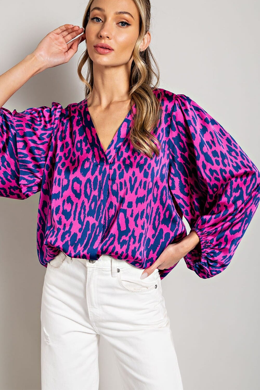 Leopard Patten V Neck Silky Blouse Eesome 