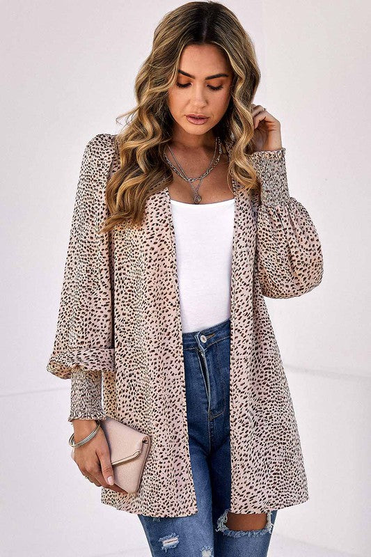 Leopard Shirred Cuff Cardigan Shewin 