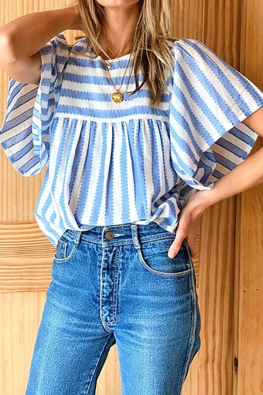 Light Blue Stripe Fun Sleeve Top cezele 