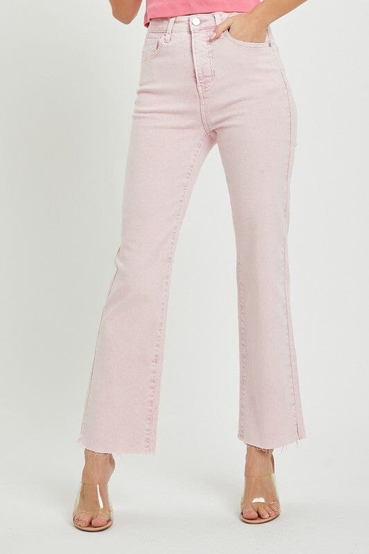 Light Pink Raw Hem Crop Flare risen jeans 