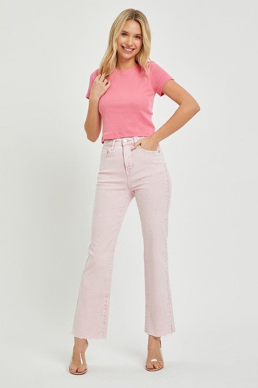 Light Pink Raw Hem Crop Flare risen jeans 