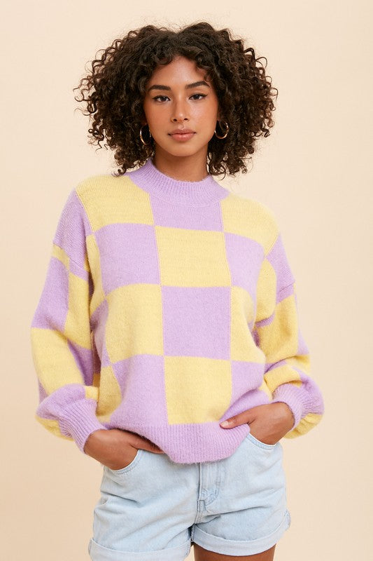 Lilac and Pale Yellow Checked Sweater In Loom 