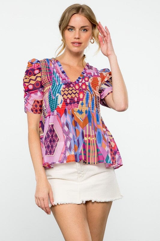 Lilac Mod-Print Ruched Sleeve Top thml 