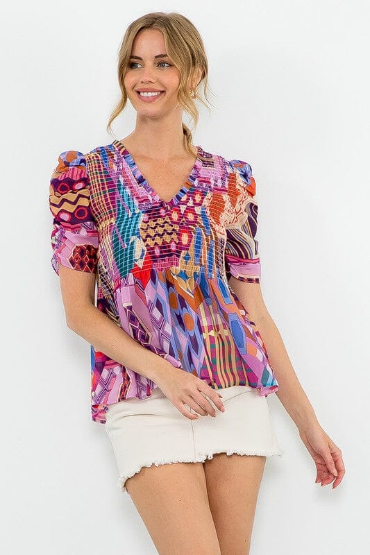 Lilac Mod-Print Ruched Sleeve Top thml 