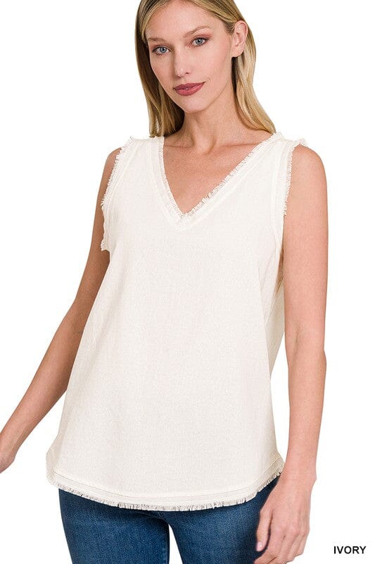 Linen Pre-Washed Frayed Edge Tank zenana 