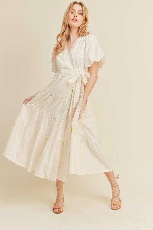 Linen Puff Sleeve Tie Waist Midi &merci 