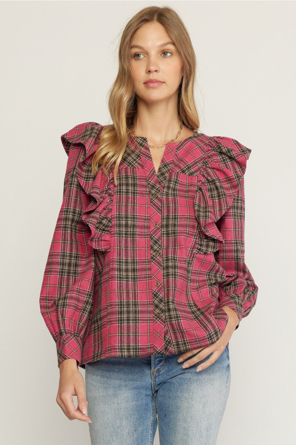 Magenta Ruffle Front Plaid entro 